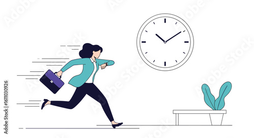 Woman running late for a meeting checking her watch next to a clock and office plant illustrating time management and urgency