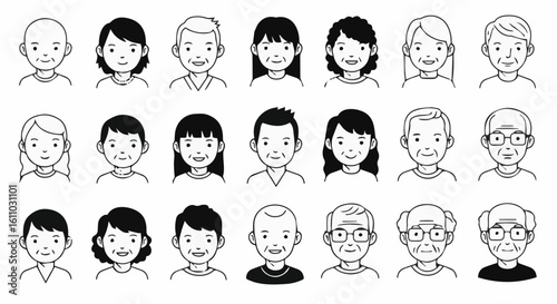 Diverse line art of people faces showcasing various ages and hairstyles in rows