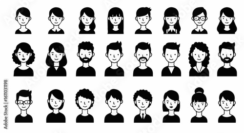 Diverse set of simple outline avatar icons representing people with various hairstyles