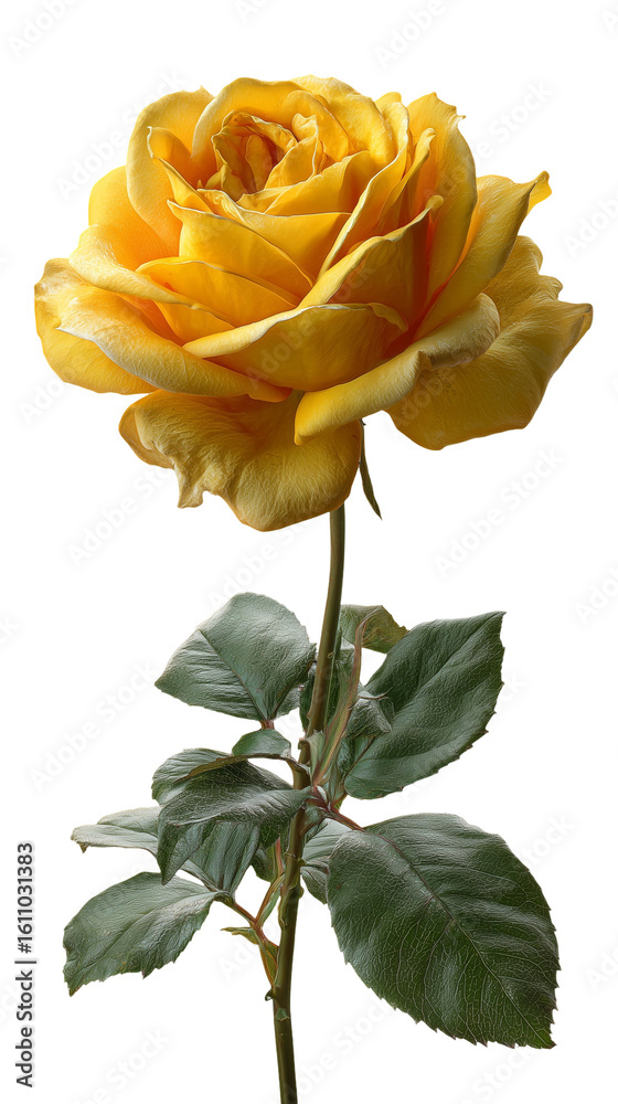 Obraz premium a single fully bloomed rose in royal yellow color, bright and vivid petals with slight golden hue, velvet-like texture and sharp details, green stem and shiny serrated leaves