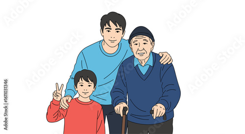 Three generations of asian men standing together showing family bonds and love across different ages and backgrounds