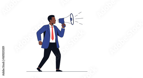 Man in suit holding megaphone announcing important news or information to a crowd business communication concept