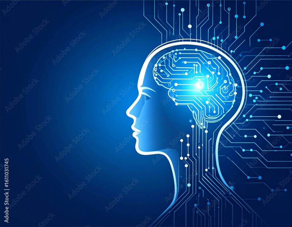 Fototapeta premium AI Concept: Glowing Human Head Silhouette with Intricate Circuitry. Data Streams, Artificial Intelligence & Future Mind