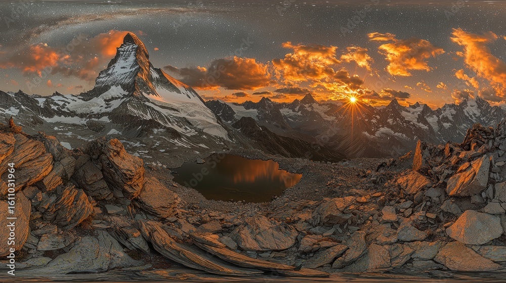 Obraz premium Mountain peak and sunset sky over rocky landscape