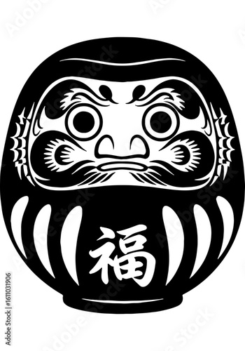 Traditional Japanese Daruma Doll Vector Illustration in Bold Woodcut Style, Symbolizing Good Fortune and Perseverance