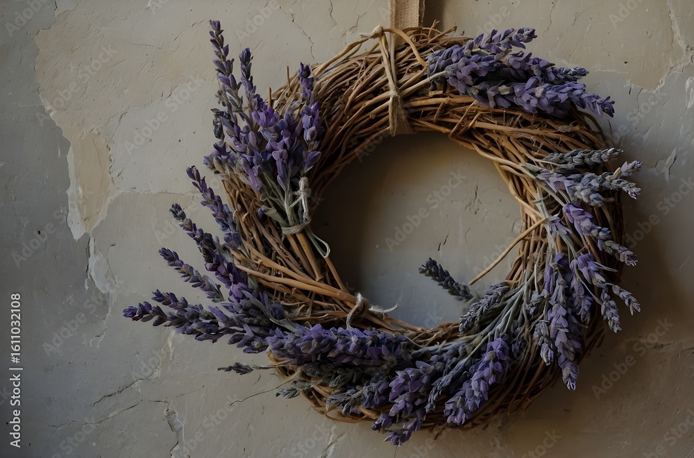 Fototapeta premium DIY Twig Wreath with Burlap Pumpkins and Dried Lavender – Neutral Rustic Decor Against Stone Wall
