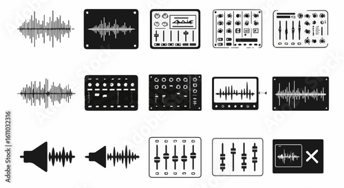 Monochrome graphic design featuring audio waveforms and mixing consoles in rows