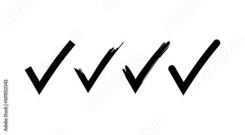 Black Check Mark Icon Set with Brush and Grunge Style 