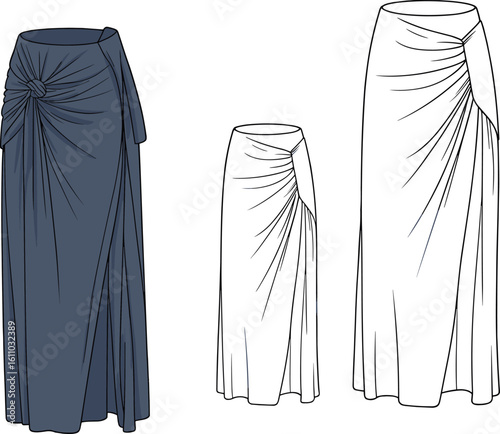 CAD drawing flat vector illustration of women’s skirts, fashion sketch template, layered draping design, technical front and back views, stylish skirt mockup, apparel layout
