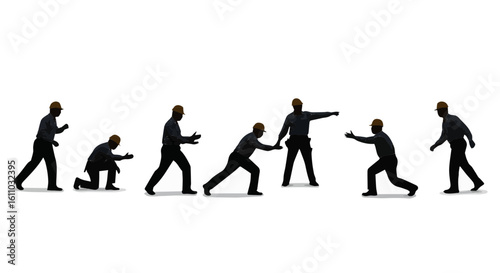 Progression of construction worker figures in various poses on a white background