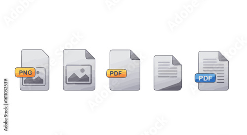 Representation of different file formats like PNG image, PDF document and plain text