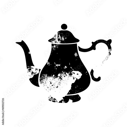 Vector Distressed black teapot with a vintage aesthetic.