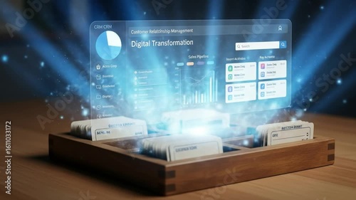 An Old, Dusty Rolodex Transforms into a Sleek, Modern CRM Interface on a Transparent Screen