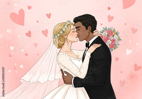 A couple is kissing in a wedding picture. The bride is wearing a white dress and the groom is wearing a black suit.