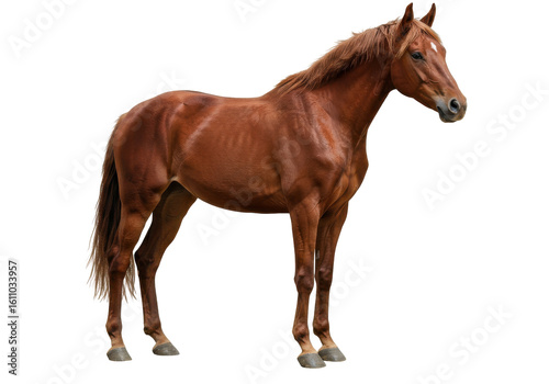 Majestic chestnut horse standing proudly in a lush green pasture under a clear sky