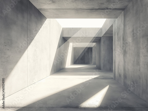 portrays a striking industrial-style architectural scene dominated by concrete structures. It features a corridor-like space with tall, rectangular cement columns