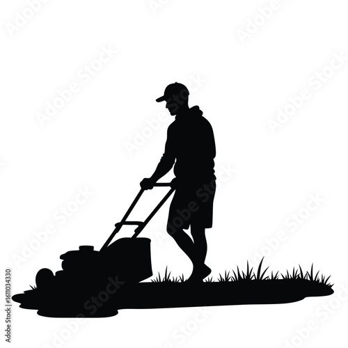Man mowing lawn with grass cutting machine silhouette
