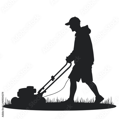 Man mowing lawn with grass cutting machine silhouette