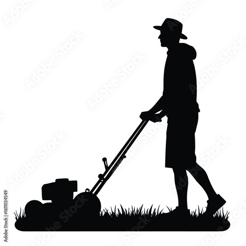 Man mowing lawn with hat and shorts grass machine
