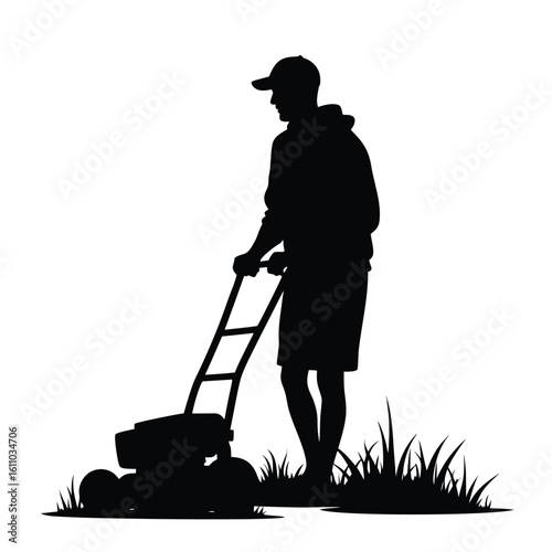 Man mowing lawn with mower in grass vector