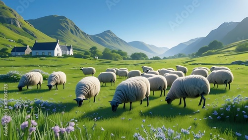 Fluffy sheep grazing in a lush green scottish highland valley
