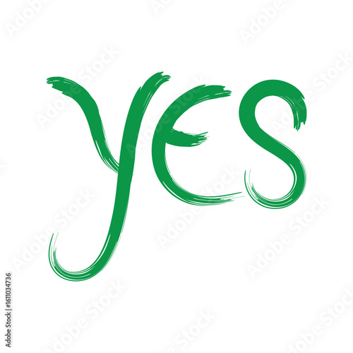 Green handwritten word yes on a white background with a brush stroke effect