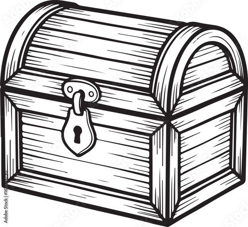 Vintage Treasure Chest Line Drawing Set – Lockable Wooden Boxes, Engraving Vector
