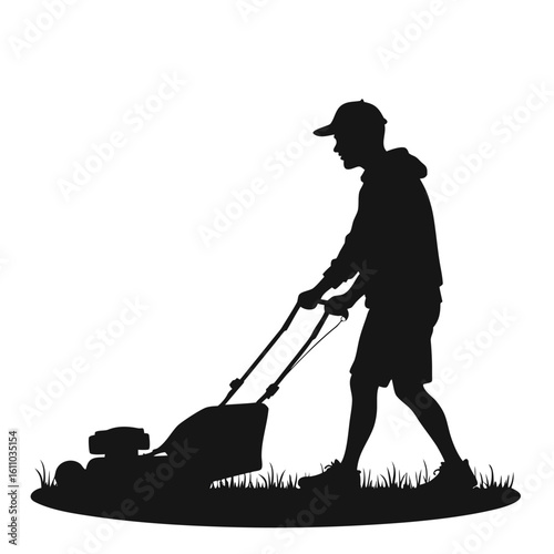 Man with lawnmower cutting grass silhouette person mowing