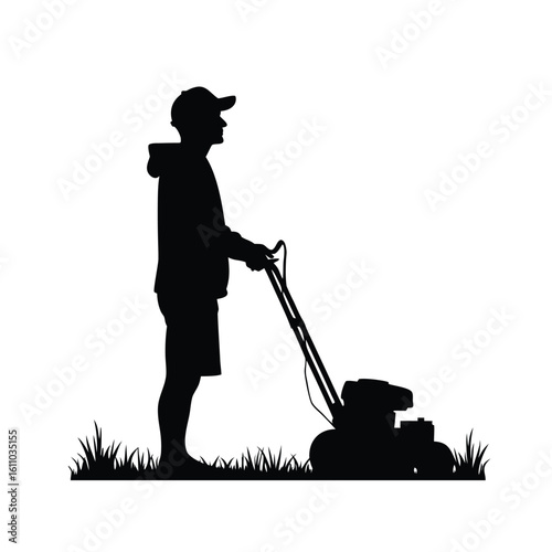 Man with lawnmower cutting grass silhouette person