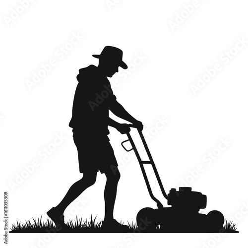 Person mowing grass wearing a hat and shorts silhouette lawn