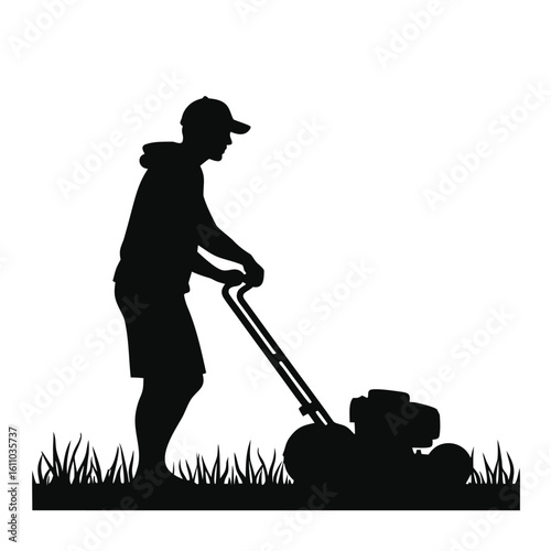 Person mowing grass with lawnmower silhouette male