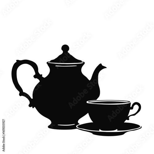 Elegant porcelain teapot and cup with hot tea, isolated on a white background, perfect for a traditional breakfast drink