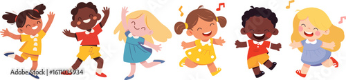 Happy children vector set with diverse boys and girls dancing, playing, and jumping. Cute cartoon characters for school posters or kindergarten education designs. Friendship illustrations of kids.