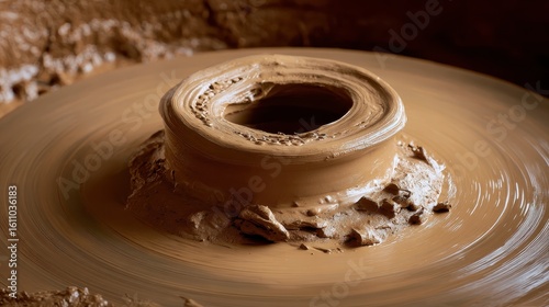 Close-Up of Clay Being Shaped on Pottery Wheel in Artisan Workshop with Natural Lighting