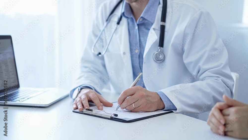 A doctor and a patient. The physician, wearing a white medical coat over a blue shirt, is filling out a medical record form during a consultation in the clinic. Medical service A doctor and a patient. The physician, wearing a white medical coat over a blue shirt, is filling out a medical record form during a consultation in the clinic. Medical service