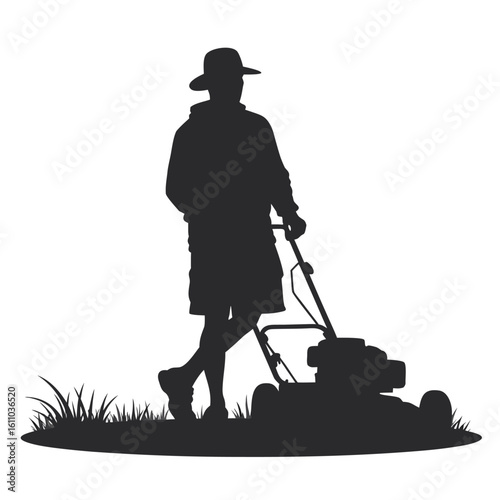 Person mowing lawn wearing hat and shorts grass