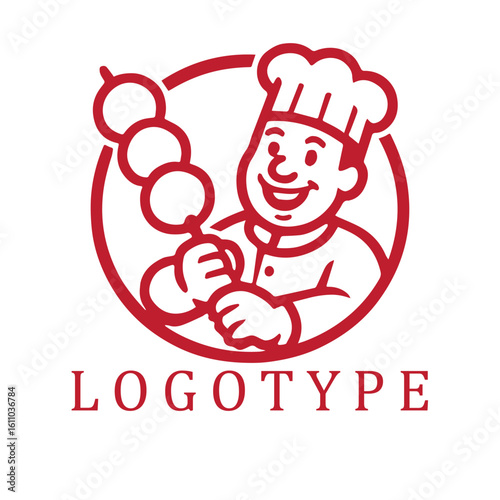 Bold red and white vector logo of a happy cartoon chef holding a giant bakso skewer, designed in a circular emblem style with thick lines and cheerful charm.