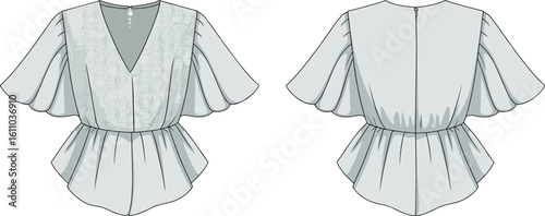 CAD drawing flat vector illustration of women's blouse, flutter sleeve top, V-neck shirt, peplum style, casual fashion, elegant design, light fabric, stylish outfit, feminine clothing, summer wear