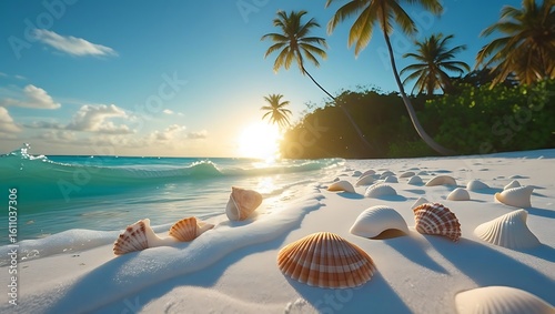 Fototapeta Naklejka Na Ścianę i Meble -  Relaxing tropical beach scene with seashells and palm trees
