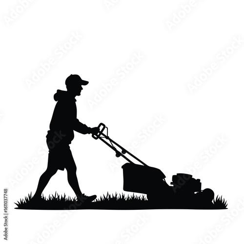 Person pushing lawnmower silhouette on grass vector