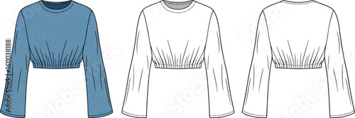 CAD drawing flat vector illustration of women's cropped top, long bell sleeves, elastic waist, casual fashion, zigzag pattern, clothing design, apparel sketch, garment, style, trendy, topwear