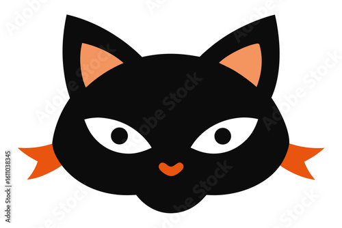 Sly Black Cat with Orange Ribbon: Halloween Mascot Icon