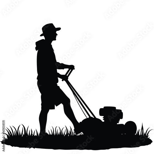 Silhouette of a person mowing a lawn grass
