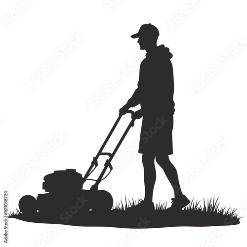 Silhouette of a person mowing a lawn grass