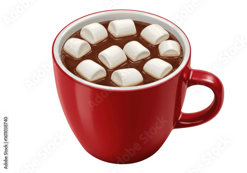 A cozy red mug filled with hot chocolate topped with fluffy marshmallows on a white background