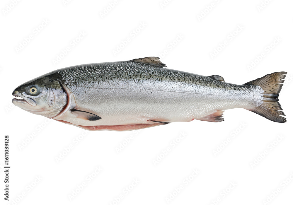 Freshly caught salmon fish displayed on a clean surface, showcasing its natural sheen Freshly caught salmon fish displayed on a clean surface, showcasing its natural sheen
