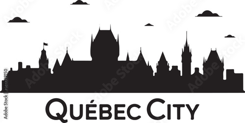 Black skyline vector of Quebec City, includes Château Frontenac, Old Town buildings, Canadian historical skyline in flat style