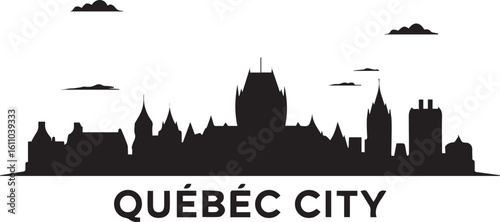 Black skyline vector of Quebec City, includes Château Frontenac, Old Town buildings, Canadian historical skyline in flat style