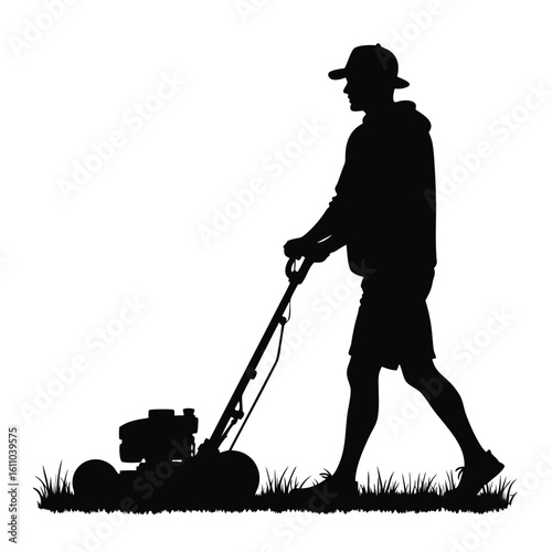Silhouette of man mowing grass with lawnmower vector