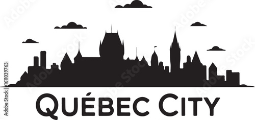 Black skyline vector of Quebec City, includes Château Frontenac, Old Town buildings, Canadian historical skyline in flat style